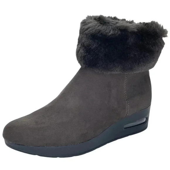DKNY Abri Dark Grey Fur Trim Womens Wedge Ankle Bootie Size 7.5M - Picture 1 of 12